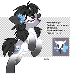 Size: 2528x2664 | Tagged: safe, artist:shelin_arts, imported from derpibooru, forget me not, oc, oc only, unnamed oc, earth pony, pony, colored ears, colored muzzle, eye clipping through hair, female, flower, forget-me-not (flower), hair tie, mare, open mouth, pigtails, signature, smiling, solo