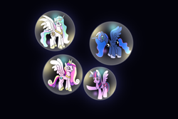 Size: 3072x2048 | Tagged: safe, artist:platinumdrop, imported from derpibooru, princess cadance, princess celestia, princess luna, twilight sparkle, alicorn, pony, alicorn tetrarchy, angry, bubble, female, mare, request, scared, sisters-in-law, trapped, twilight sparkle (alicorn)