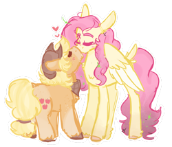 Size: 1524x1303 | Tagged: safe, artist:bubaiuv, imported from derpibooru, applejack, fluttershy, earth pony, pegasus, pony, appleshy, eyes closed, female, heart, kissing, lesbian, mare, outline, shipping, simple background, size difference, transparent background, white outline