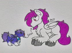 Size: 2659x1969 | Tagged: safe, artist:drheartdoodles, imported from derpibooru, oc, oc:dr.heart, oc:infinatus, clydesdale, pegasus, .3., :p, chest fluff, clothes, coloring, scarf, size difference, tongue out, traditional art, •3•