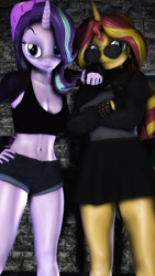 Size: 1080x1920 | Tagged: safe, artist:artempredator, imported from derpibooru, starlight glimmer, sunset shimmer, anthro, unicorn, 3d, belly button, breasts, cleavage, clothes, duo, midriff, source filmmaker, sports bra, sunglasses