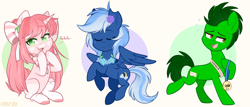 Size: 1500x640 | Tagged: safe, artist:higgly-chan, imported from derpibooru, oc, oc only, oc:lunacy, oc:verdant tome, earth pony, pegasus, pony, unicorn, bow, clothes, coat markings, facial markings, female, flower, flower in hair, hair bow, heart mark, markings, medal, smiling, smug, snip (coat marking), socks, socks (coat markings), sweat