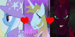 Size: 1264x632 | Tagged: safe, edit, edited screencap, imported from derpibooru, screencap, fizzlepop berrytwist, prince blueblood, tempest shadow, trixie, berryblood, bluetrix, crack shipping, female, lesbian, male, polyamory, shipping, shipping domino, straight, tempestrix