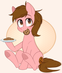 Size: 1015x1200 | Tagged: safe, artist:higgly-chan, imported from derpibooru, oc, oc only, oc:cookie crumb, earth pony, pony, cookie, cute, female, food, mouth hold, ocbetes, plate, solo, underhoof