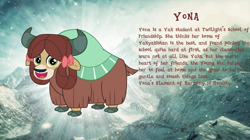 Size: 1280x719 | Tagged: safe, artist:andoanimalia, imported from derpibooru, yona, yak, bio, bow, cloven hooves, cute, female, hair bow, looking at you, monkey swings, mountain, smiling, story included, yonadorable