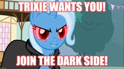 Size: 1280x720 | Tagged: safe, edit, edited screencap, imported from derpibooru, screencap, trixie, pony, unicorn, magic duel, alicorn amulet, caption, dark side, image macro, meme, reference, solo, star wars, text, trixie yells at everything