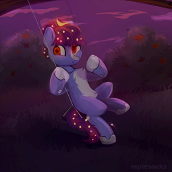 Size: 1500x1500 | Tagged: safe, artist:_mpiesocks, artist:raily, imported from derpibooru, earth pony, pony, robot, robot pony, bush, female, grass, mare, night, simple background, smiling, solo, stars, swing