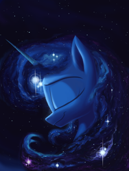 Size: 3000x4000 | Tagged: safe, artist:rocket-lawnchair, imported from derpibooru, princess luna, alicorn, pony, beautiful, ethereal mane, eyes closed, female, galaxy mane, high res, night, profile, sky, smiling, solo, space, starry mane, stars