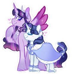 Size: 1600x1656 | Tagged: safe, artist:bubaiuv, imported from derpibooru, rarity, twilight sparkle, alicorn, pony, unicorn, blushing, cloak, clothes, female, heart, lesbian, mare, outline, rarilight, shipping, simple background, size difference, transparent background, twilight sparkle (alicorn), white outline