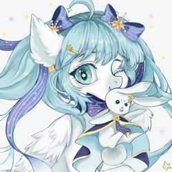 Size: 650x650 | Tagged: safe, artist:酒湘子, imported from derpibooru, oc, oc only, cat, pegasus, pony, bow, cape, clothes, female, hair bow, mare, one eye closed, solo, wink