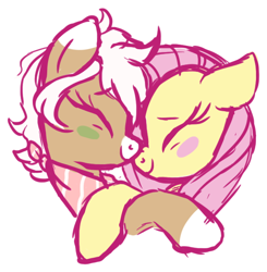 Size: 606x619 | Tagged: safe, artist:skulifuck, imported from derpibooru, fluttershy, oc, oc:bloom, pegasus, pony, blush sticker, blushing, bust, canon x oc, colored hooves, eyelashes, eyes closed, female, hug, lesbian, neckerchief, simple background, smiling, white background