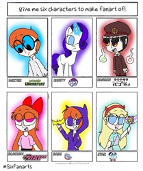 Size: 1080x1291 | Tagged: safe, artist:diamond_melody_, imported from derpibooru, rarity, ghost, human, pony, undead, unicorn, six fanarts, barbara gordon, batgirl, blossom (powerpuff girls), bow, clothes, crossover, dc comics, dc superhero girls, dexter, dexter's laboratory, eyes rolling back, female, glasses, glowing horn, hair bow, hanako ikezawa, hat, horn, lab coat, male, mare, one eye closed, smiling, star butterfly, star vs the forces of evil, the powerpuff girls, toilet-bound hanako-kun, wink