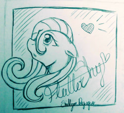 Size: 1560x1424 | Tagged: safe, artist:nekocleavergirl, imported from derpibooru, fluttershy, pony, bust, female, heart, mare, monochrome, solo, traditional art
