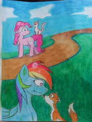 Size: 780x1040 | Tagged: safe, artist:nekocleavergirl, imported from derpibooru, pinkie pie, rainbow dash, cat, earth pony, fox, pegasus, pony, animal, female, licking, mare, tongue out, traditional art
