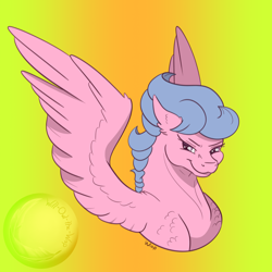 Size: 2000x2000 | Tagged: safe, artist:will-owl-the-wisp, imported from derpibooru, firefly, pegasus, pony, bust, female, g1, mare, portrait, signature, simple background, smiling, smirk, solo, spread wings, wings, yellow background