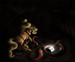 Size: 944x784 | Tagged: safe, artist:leszkaksawery, imported from derpibooru, applejack, earth pony, body horror, dark, eldritch abomination, fight, gritted teeth, lantern, monster, night, signature, tentacles