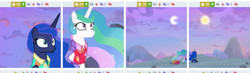 Size: 1015x298 | Tagged: safe, edit, edited screencap, imported from derpibooru, screencap, princess celestia, princess luna, alicorn, derpibooru, between dark and dawn, juxtaposition, meta