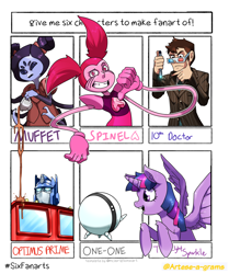 Size: 1280x1529 | Tagged: safe, artist:arteses-canvas, imported from derpibooru, twilight sparkle, alicorn, anthro, human, pony, robot, spider, six fanarts, 3d glasses, anthro with ponies, bust, crossover, doctor who, female, infinity train, male, mare, muffet, one-one, optimus prime, out of frame, smiling, sonic screwdriver, spinel (steven universe), steven universe, tenth doctor, the doctor, thinking, transformers, twilight sparkle (alicorn), undertale