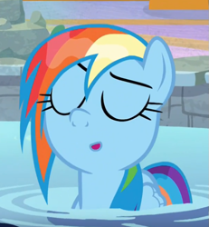 Size: 607x658 | Tagged: safe, imported from derpibooru, screencap, rainbow dash, pony, deep tissue memories, spoiler:deep tissue memories, spoiler:mlp friendship is forever, animation error, cropped, cute, dashabetes, eyes closed, female, solo, swimming pool, wet mane