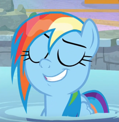 Size: 661x680 | Tagged: safe, imported from derpibooru, screencap, rainbow dash, pony, deep tissue memories, spoiler:deep tissue memories, cropped, eyes closed, faic, female, smiling, solo, swimming pool, wet mane