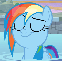 Size: 733x726 | Tagged: safe, imported from derpibooru, screencap, rainbow dash, pony, deep tissue memories, spoiler:deep tissue memories, cropped, eyes closed, faic, female, raised eyebrow, smiling, solo, swimming pool, wet mane