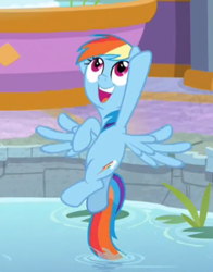 Size: 381x487 | Tagged: safe, imported from derpibooru, screencap, rainbow dash, pony, deep tissue memories, spoiler:deep tissue memories, spoiler:mlp friendship is forever, animation error, cropped, cute, dashabetes, female, flying, open mouth, solo, spread wings, swimming pool, wings