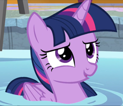 Size: 838x727 | Tagged: safe, imported from derpibooru, screencap, twilight sparkle, alicorn, pony, deep tissue memories, spoiler:deep tissue memories, spoiler:mlp friendship is forever, cropped, cute, female, folded wings, mare, smiling, solo, swimming pool, twiabetes, twilight duckle, twilight sparkle (alicorn), water, wings