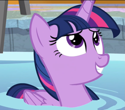 Size: 829x728 | Tagged: safe, imported from derpibooru, screencap, twilight sparkle, alicorn, pony, deep tissue memories, spoiler:deep tissue memories, cropped, female, folded wings, looking up, mare, smiling, solo, swimming pool, twilight sparkle (alicorn), water, wings