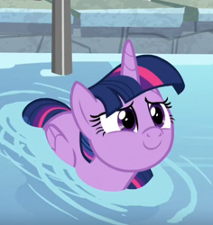 Size: 544x576 | Tagged: safe, imported from derpibooru, screencap, twilight sparkle, alicorn, pony, deep tissue memories, spoiler:deep tissue memories, spoiler:mlp friendship is forever, cropped, cute, female, folded wings, mare, smiling, solo, swimming pool, twiabetes, twilight duckle, twilight sparkle (alicorn), water, weapons-grade cute, wings