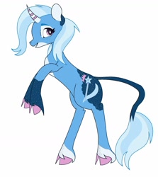 Size: 1280x1435 | Tagged: safe, artist:xaxtu, imported from derpibooru, trixie, classical unicorn, pony, unicorn, alternate design, cloven hooves, curved horn, ear freckles, freckles, horn, leg freckles, leonine tail, rearing, simple background, unshorn fetlocks, white background