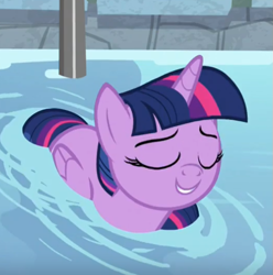 Size: 531x535 | Tagged: safe, imported from derpibooru, screencap, twilight sparkle, alicorn, pony, deep tissue memories, spoiler:deep tissue memories, spoiler:mlp friendship is forever, cropped, cute, eyes closed, female, folded wings, mare, smiling, solo, swimming pool, twiabetes, twilight duckle, twilight sparkle (alicorn), water, wings