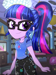 Size: 1536x2048 | Tagged: safe, artist:artmlpk, imported from derpibooru, sci-twi, twilight sparkle, equestria girls, adorable face, adorkable, beautiful, bedroom, clothes, cute, digital art, dork, female, glasses, leggings, looking at you, looking over shoulder, meganekko, ponytail, shirt, smiling, smiling at you, solo, twiabetes, watermark