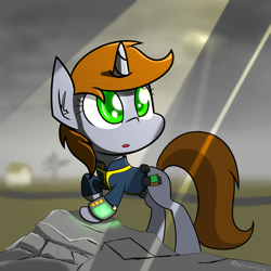 Size: 4000x4000 | Tagged: safe, artist:professionalpuppy, imported from derpibooru, oc, oc only, oc:littlepip, pony, unicorn, fallout equestria, clothes, cloud, cloudy, crepuscular rays, fanfic, fanfic art, female, hooves, horn, jumpsuit, looking up, mare, overcast, pipbuck, raised hoof, solo, vault suit, wasteland