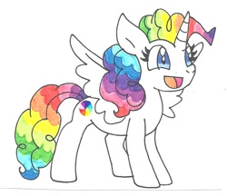 Size: 866x749 | Tagged: safe, artist:cmara, imported from derpibooru, oc, oc only, oc:princess dimension, alicorn, pony, cute, female, mare, multicolored mane, ocbetes, rainbow hair, solo, traditional art, wings