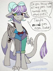 Size: 1280x1707 | Tagged: safe, artist:incendiaryboobs, artist:incendiarymoth, imported from derpibooru, discord, maud pie, draconequus, earth pony, pony, bowtie, claws, clothes, cutie mark, facial hair, female, fusion, goatee, horns, mare, multicolored eyes, multiple limbs, offscreen character, paws, talons, tumblr