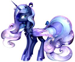 Size: 1280x1067 | Tagged: safe, artist:strangerdragos, imported from derpibooru, princess luna, alicorn, pony, bell, crown, ethereal mane, female, jewelry, leg fluff, mare, profile, regalia, simple background, solo, starry mane, transparent background, two toned wings, wings