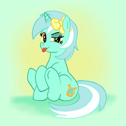 Size: 1773x1773 | Tagged: safe, anonymous artist, imported from derpibooru, lyra heartstrings, /mlp/, 4chan, bow, cute, drawthread, gradient background, hair bow, lyrabetes, mlem, silly, sitting on ground, tongue out