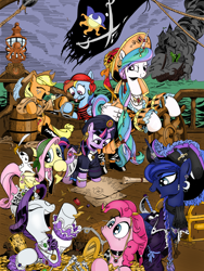 Size: 1536x2048 | Tagged: safe, artist:andypriceart, artist:splash1, color edit, edit, idw, imported from derpibooru, angel bunny, applejack, fluttershy, philomena, pinkie pie, princess celestia, princess luna, rainbow dash, rarity, twilight sparkle, alicorn, earth pony, pegasus, phoenix, pony, rabbit, unicorn, spoiler:comic13, animal, banner, barrel, cider, clothes, coin, colored, cover, crown, eyes closed, fire, gem, gold, hat, implied changeling, implied queen chrysalis, jewelry, lamp, mane six, map, money, necklace, open mouth, pirate, pirate applejack, pirate dash, pirate fluttershy, pirate hat, pirate pinkie pie, pirate princess celestia, pirate princess luna, pirate rarity, pirate ship, pirate twilight, regalia, royal sisters, ship, smoke, sword, tongue out, treasure chest, unicorn twilight, wahaha, weapon