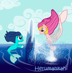 Size: 470x473 | Tagged: safe, artist:herumankahi, imported from derpibooru, oc, oc:pearly, oc:silvernaqua, seapony (g4), armor, fight, ocean, student, teacher, water