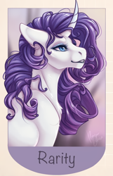 Size: 700x1086 | Tagged: safe, alternate version, artist:ronyardraws, imported from derpibooru, rarity, pony, unicorn, six fanarts, bust, chest fluff, cropped, curved horn, eyeshadow, female, floppy ears, horn, makeup, mare, offscreen character, profile, smiling