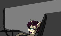 Size: 1453x872 | Tagged: safe, artist:pinkberry, imported from derpibooru, oc, oc only, oc:mulberry merlot, pony, unicorn, bored, chair, colored sketch, computer monitor, dark, desk, drawpile, female, keyboard, lonely, mare, messy mane, monitor, office chair, sad, sketch, slouching, solo
