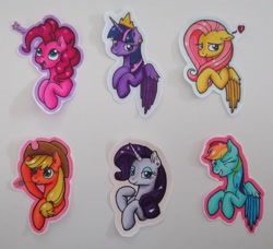 Size: 3126x2849 | Tagged: safe, artist:serenepony, imported from derpibooru, applejack, fluttershy, pinkie pie, rainbow dash, rarity, twilight sparkle, alicorn, earth pony, pegasus, pony, unicorn, badge, con badge, concept art, mane six, photo, traditional art, twilight sparkle (alicorn)