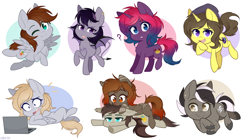 Size: 1200x674 | Tagged: safe, artist:higgly-chan, imported from derpibooru, oc, oc only, oc:astral flare, bat pony, earth pony, pegasus, pony, unicorn, blushing, chibi, computer, female, laptop computer, one eye closed, question mark, raspberry, smiling, surprised, tongue out, wink