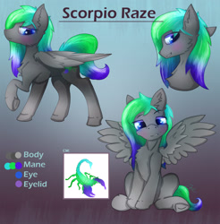 Size: 2956x3000 | Tagged: safe, artist:jesterpi, imported from derpibooru, oc, oc:scorpio raze, pegasus, pony, abstract background, blushing, bust, cutie mark, front, head, on side, reference sheet, side, sitting, smiling, tall, text