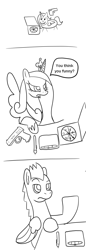 Size: 600x1750 | Tagged: safe, artist:platinumdrop, imported from derpibooru, princess cadance, oc, oc:platinumdrop, angry, cheese pizza, comic, doodle, drawing tablet, food, gun, monochrome, pizza, simple background, weapon