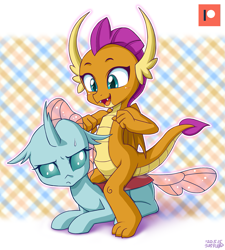 Size: 901x1000 | Tagged: safe, artist:uotapo, imported from derpibooru, ocellus, smolder, changedling, changeling, dragon, cute, diaocelles, dragoness, dragons riding changelings, duo, female, ocellus is not amused, open mouth, patreon, patreon logo, prone, riding, smolder riding ocellus, smolderbetes, sweat, sweatdrop, unamused, uotapo is trying to murder us, uotapo will kill us all