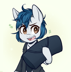 Size: 699x710 | Tagged: safe, artist:higgly-chan, imported from derpibooru, earth pony, pony, clothes, crossover, dollar sign, duffle bag, female, jacket, payday 2, simple background, solo, sydney (payday 2)