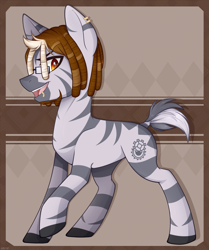 Size: 921x1100 | Tagged: safe, artist:higgly-chan, imported from derpibooru, oc, oc only, pony, zebra, glasses, lip piercing, piercing, smiling, solo