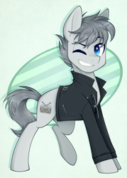 Size: 861x1200 | Tagged: safe, artist:higgly-chan, imported from derpibooru, oc, oc only, earth pony, pony, clothes, grin, jacket, leather jacket, smiling, solo