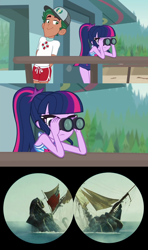 Size: 1280x2160 | Tagged: safe, edit, edited screencap, imported from derpibooru, screencap, sci-twi, timber spruce, twilight sparkle, kraken, leviathan, equestria girls, equestria girls series, unsolved selfie mysteries, binoculars, clothes, crossover, davy jones, dead man's chest, female, lifeguard timber, male, pirates of the caribbean, sadism, schadenfreude, sea monster, ship, swimsuit